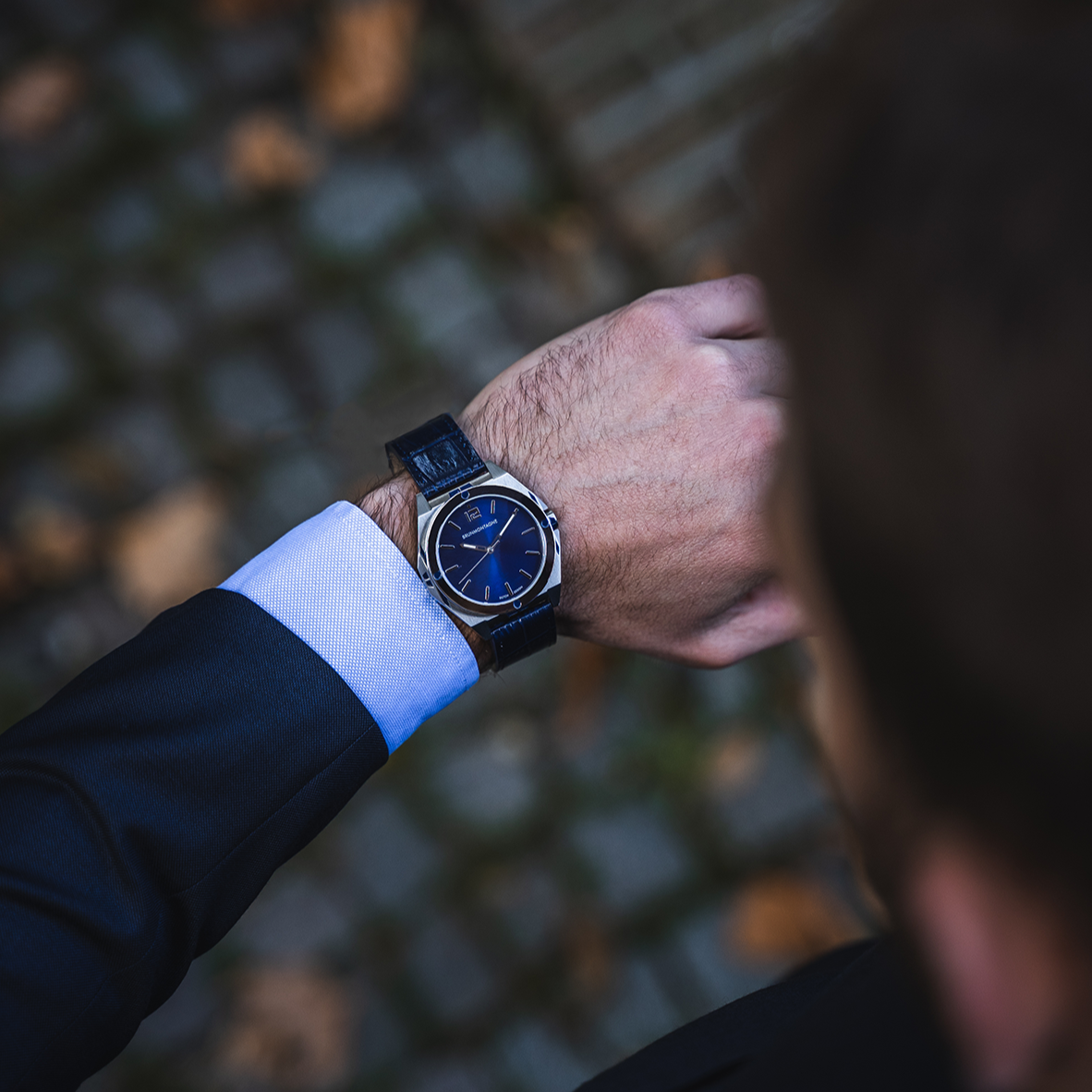 42mm Steel Blue Representor with leather band and polished bezel