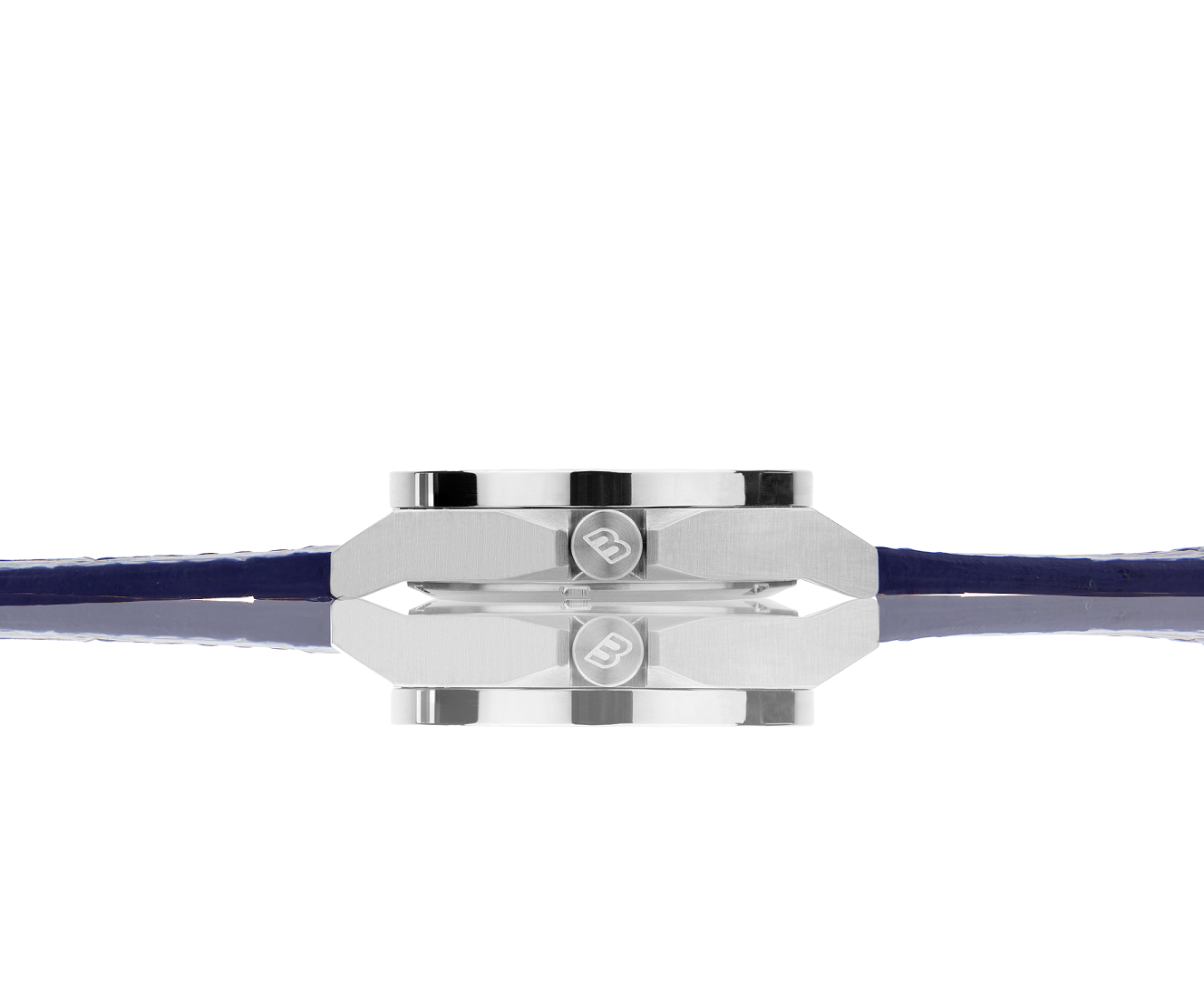 42mm Blue Representor with leather band and polished bezel side view